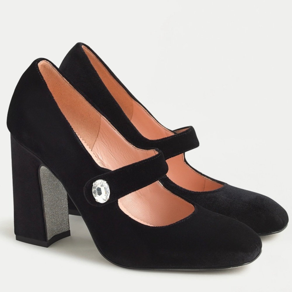 JCrew Velvet Mary Jane pumps with jewel detail